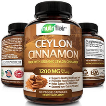 Load image into Gallery viewer, NutriFlair Ceylon Cinnamon (Made with Organic Ceylon Cinnamon) 1200mg per Serving, 120 Capsules - Healthy Blood Sugar Support, Joint Support, Anti-inflammatory &amp; Antioxidant - True Sri Lanka Cinnamon
