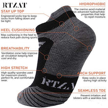 Load image into Gallery viewer, 90% Merino Wool Socks Men and Women, RTZAT No Show Low Cut 3 Pairs Cushioned Athletic Moisture Wicking Running Ankle Sock,Black&amp;Dark Gray, Medium
