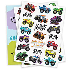 Load image into Gallery viewer, xo, Fetti Monster Truck Party Supplies Temporary Tattoos - 42 Metallic Styles | Trucks, Big Cars, Finish Lines + Flames
