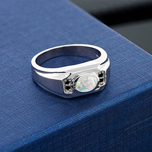 Gem Stone King 1.18 Ct Oval White Simulated Opal Black Diamond 925 Sterling Silver Men's Ring (Size 11)