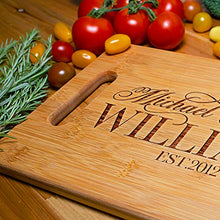 Load image into Gallery viewer, Personalized Cutting Board - 9 Designs |6" x 9"| Bamboo Cutting Board - Wedding Gifts for the Couple, Housewarming Gifts, Anniversary Gift, Grandma Gifts, Engraved Kitchen Sign &amp; Decor - Handle

