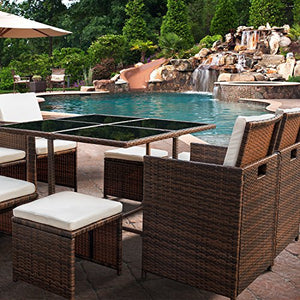Devoko 9 Pieces Patio Dining Sets Outdoor Space Saving Rattan Chairs with Glass Table Patio Furniture Sets Cushioned Seating and Back Sectional Conversation Set (Beige)