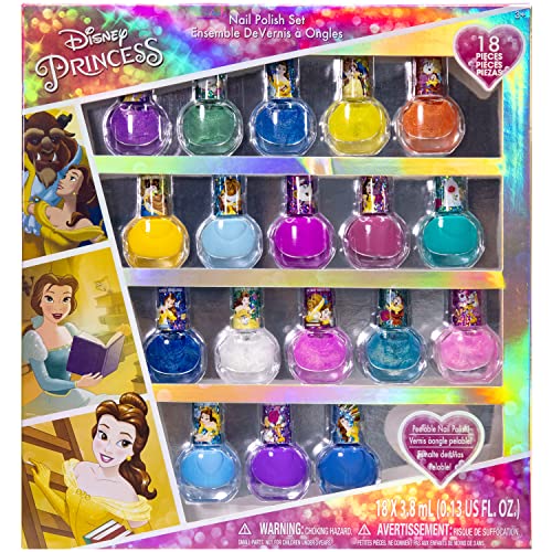 Disney Princess - Townley Girl Belle Non-Toxic Peel-Off Water-Based Natural Safe Quick Dry Nail Polish |Gift Kit Set for Kids Toddlers Girls, Glittery and Opaque Colors| Ages 3+ (18 Pcs)