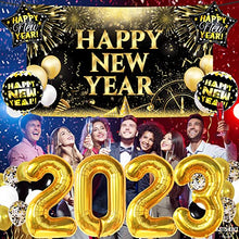Load image into Gallery viewer, Huge, New Years Eve Party Supplies 2023 Set - Pack of 44 | Gold 2023 Balloons, 40 Inch | Happy New Year Backdrop, Happy New Year Decorations 2023 | Happy New Year Balloons for NYE Decorations 2023
