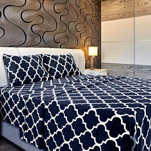 Utopia Bedding Printed Bed Sheet Set - 1 Fitted Sheet, 1 Flat Sheet and 2 Pillowcases - Soft Brushed Microfiber Fabric - Shrinkage and Fade Resistant (Queen, Navy Quatrefoil with White Pattern)