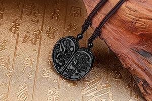 COAI His and Hers Dragon and Phoenix Black Obsidian Stone Pendant Necklace for Couples