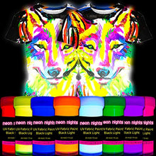 Load image into Gallery viewer, Fabric &amp; Textile UV Paint Set | Set of 8 Neon Black Light Glow Paints | Fluorescent Clothing Colors | Glowing Fabric Paints
