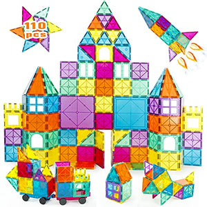 Neoformers Magnetic Building Tiles, 110 Pcs 3D Magnetic Building Blocks Set for Kids, STEM Educational Preschool Magnet Toys for Toddlers Boys Girls 3 4 5 6 7 8 Year Old with 2 Cars