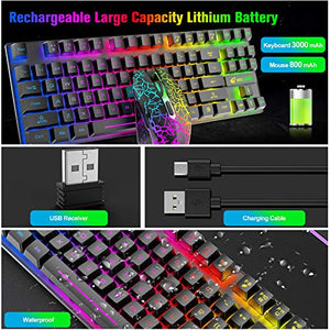 Wireless Gaming Keyboard Mouse and Wired Headphone with Ergonomic 87 Key Rainbow Backlight Rechargeable 3800mAh Battery Mechanical Feel Anti-ghosting Mouse pad for PC Laptop Gamer Typist(Black RGB)