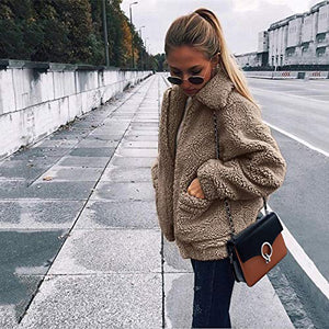 PRETTYGARDEN Women's Fashion Long Sleeve Lapel Zip Up Faux Shearling Shaggy Oversized Coat Jacket With Pockets Warm Winter (Coffee, Small)
