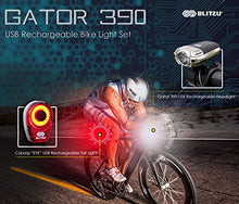 Load image into Gallery viewer, BLITZU Gator 390 USB Rechargeable LED Bike Light Set, Bicycle Headlight Front &amp; Free Rear Back Tail Light. Waterproof, Easy to Install for Kids Men Women Road Cycling Safety Commuter Flashlight Black
