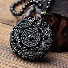 Load image into Gallery viewer, c1lint7785631 Pure Natural Obsidian Pendant Necklace Obsidian Crystal Pendant Necklace Pattern with Extend Bead Chain for Men or Women (Dragon Phoenix Gossip)
