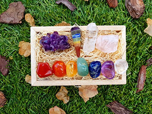 Premium Healing Crystals Kit in Wooden Box - 7 Chakra Set Tumbled Stones, Rose Quartz, Amethyst Cluster, Crystal Points, Chakra Pendulum + 82 Page E-Book + 20x6 Reference Guide Poster, Ribbon Bow