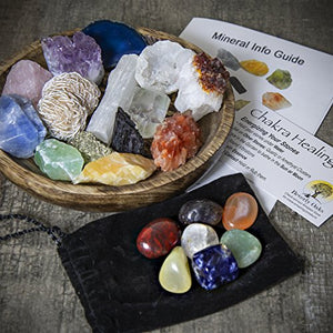 21 Healing Crystals and Chakra Kit: Amethyst, Selenite, Pyrite, Clear Quartz, Half Geode, Rose Quartz, Citrine, Desert Rose, Agate, Tourmaline and 4 Calcites (Red,Green,Blue,Orange) + 7 Chakra Stones