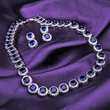 Load image into Gallery viewer, EVER FAITH Silver-Tone Round Cubic Zirconia September Birthstone Row Necklace Earrings Set Blue

