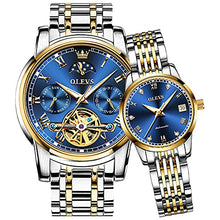 Load image into Gallery viewer, OLEVS Couple Automatic Watches for Men and Women His and Hers Watch Set Gifts Mechanical Self-Winding Tourbillon Big Face Dress Wrist Watch with Day Date Calendar Blue
