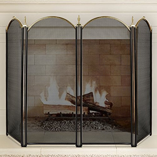 Amagabeli Large Gold Fireplace Screen 4 Panel Ornate Wrought Iron Black Metal Fire Place Standing Gate Decorative Mesh Solid Baby Safe Proof Fence Steel Spark Guard Cover Outdoor Tools Accessories