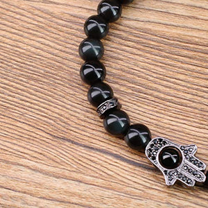 COAI Hand of Hamsa Black Obsidian Stone Mens Bracelet 7"