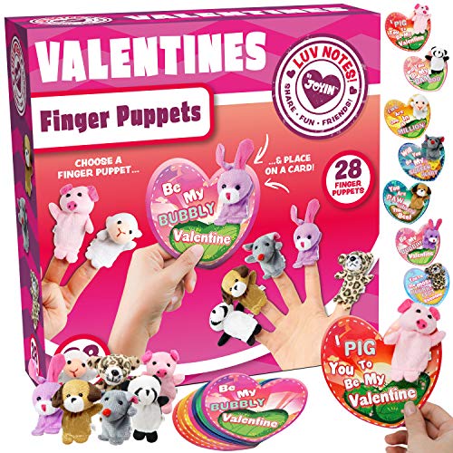 JOYIN 28 Packs Valentines Day Gift Cards with Animal Finger Puppet Set for Kids Party Favor, Classroom Exchange Prizes, Valentine’s Greeting Cards, Stressrelief Hand Puppets (Animal 1)