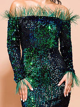 Load image into Gallery viewer, Lin Lin Q Sexy Off Shoulder Feather Long Sleeve Sequin Floor Length Evening Party Maxi Dress Green S
