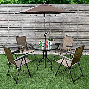 Giantex Set of 4 Patio Folding Chairs, Adjustable Sling Back Chairs with Armrest, Patio Dining Chairs Portable for Camping Garden Pool Beach, Deck Lounge Chairs (Brown)