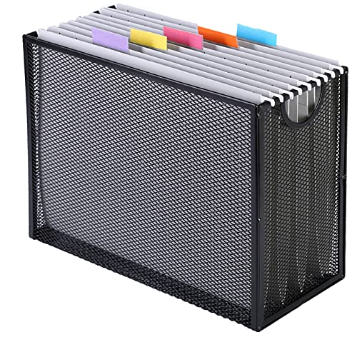 Hanging File Organizer File Holder Filing Box Includes 5 Hanging Folders - Metal Mesh File Desk Organizer Magazine Holder Book File Letter Storage Box Filling Cabinets for Office Home School
