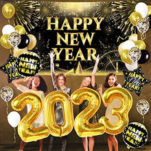 Load image into Gallery viewer, Huge, New Years Eve Party Supplies 2023 Set - Pack of 44 | Gold 2023 Balloons, 40 Inch | Happy New Year Backdrop, Happy New Year Decorations 2023 | Happy New Year Balloons for NYE Decorations 2023
