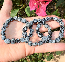 Load image into Gallery viewer, CHARGED Snowflake Obsidian Crystal Bracelet Polished Stretchy + Selenite Heart Charging Crystal (PERFECT GROUNDING PROMOTES SELF-ESTEEM, CONFIDENCE, COURAGE DISSOLVES ANGER &amp; FEAR HEALING ENERGY)
