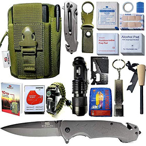 STEALTH SQUADS 42 in 1 SURVIVAL MILITARY POUCH KIT, PREMIUM TACTICAL POCKET KNIFE, FIRST AID KIT, EDC MULTI-TOOL USE FOR CAMPING, HIKING, BIKING, OUTDOOR EMERGENCY SAFETY GEARS w/ BONUS E-BOOK