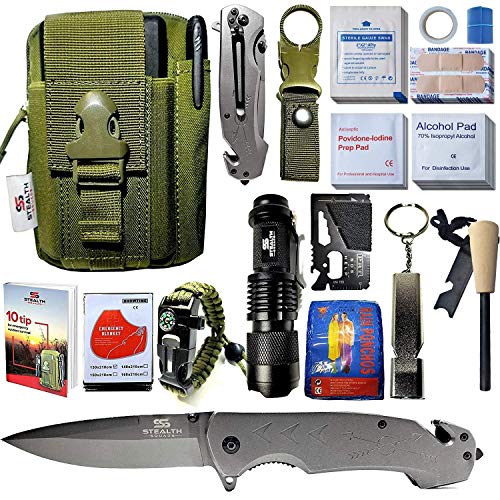 STEALTH SQUADS 42 in 1 SURVIVAL MILITARY POUCH KIT, PREMIUM TACTICAL POCKET KNIFE, FIRST AID KIT, EDC MULTI-TOOL USE FOR CAMPING, HIKING, BIKING, OUTDOOR EMERGENCY SAFETY GEARS w/ BONUS E-BOOK