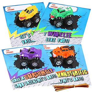 JOYIN 16 Pack Valentines Day Gift Cards With Gift Pull Back Monster Truck Toys for Valentine's Classroom Exchange Prizes Valentine Party Favor Toys