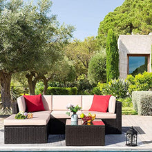 Load image into Gallery viewer, Tuoze 5 Pieces Patio Furniture Sectional Outdoor PE Rattan Wicker Lawn Conversation Cushioned Garden Sofa Set with Glass Coffee Table (Beige)
