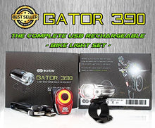Load image into Gallery viewer, BLITZU Gator 390 USB Rechargeable LED Bike Light Set, Bicycle Headlight Front &amp; Free Rear Back Tail Light. Waterproof, Easy to Install for Kids Men Women Road Cycling Safety Commuter Flashlight Black
