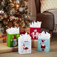 Load image into Gallery viewer, Hallmark 6" Small Christmas Gift Bag Assortment (Pack of 4: Yeti, Flamingo, Santa, Snowman) for Kids, Teachers, Gift Cards
