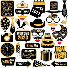 Load image into Gallery viewer, New Years Eve Photo Booth Props 2023 - Pack of 35 | Shiny New Years Photo Booth Props 2023 | New Years Eve Party Supplies 2023 | NYE Decorations 2023 | Happy New Year Decorations 2023, Little DIY
