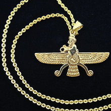 Load image into Gallery viewer, Asoodehdelan Large Double Sided Gold Pt Farvahar Necklace Iranian Gift Persian Iran Faravahar (18&quot; Chain)
