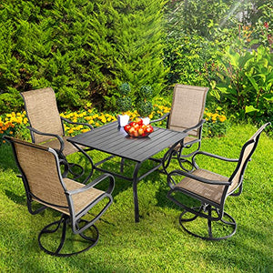 Aoxun Outdoor Patio Dinning Set - 5 Pieces Outdoor Furniture Set, 4 Pieces Swivel Rocing Chairs and 1 Square Table with an Umbrella Hole, Brown