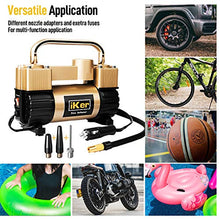 Load image into Gallery viewer, iKer Portable Air Compressor Pump Heavy Duty Tire Inflator for Car,Truck,SUV Tires,12V 70L/Min Double Cylinders Metal Air Pump 150PSI with Battery Clamp，11.5ft Extension Air Hose and Tire Repair Kit

