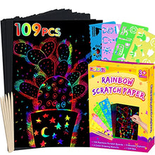 Load image into Gallery viewer, pigipigi Rainbow Scratch Paper Art - 109 Pcs Magic Scratch Off Craft Kit for Kids Color Drawing Note Pad Supply for Children Girls Boys DIY Party Favor Game Activity Birthday Christmas Toy Gift Set
