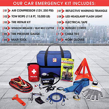 Load image into Gallery viewer, Car Emergency Safety Kit Bag with Portable Air Compressor, First Aid Kit, Heavy Duty Roadside Auto Emergency Kits Jumper Cables Tow Strap Tire Pressure Gauge, Headlamp, for Women, Men, Teen
