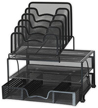 Load image into Gallery viewer, SimpleHouseware Mesh Desk Organizer with Sliding Drawer, Double Tray and 5 Stacking Sorter Sections, Black
