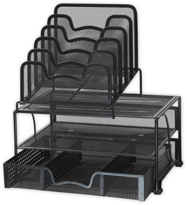 SimpleHouseware Mesh Desk Organizer with Sliding Drawer, Double Tray and 5 Stacking Sorter Sections, Black