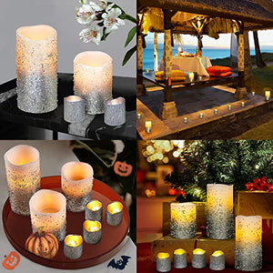 FURORA LIGHTING LED Flameless Candles with Remote – Battery-Operated Flameless Candles Bulk Set of 8 Fake Candles – Small Flameless Candles & Christmas Centerpieces for Tables, Silver Glittery