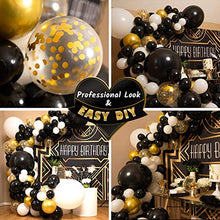 Load image into Gallery viewer, 4 Sizes – Black White Gold Balloon Garland Kit &amp; Arch for New Years, Graduation or Birthday – Small and Large Black and White Balloons with Gold Confetti – Party Decorations for Gatsby Roaring 20s
