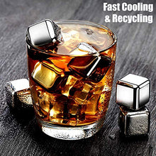 Load image into Gallery viewer, DERGUAM 8 Packs Fast-cooling 304 Stainless Steel Ice Cubes Whiskey Stones Whiskey Rocks With Nonslip Ice Tong&amp;Wine Opener&amp;Freezer Storage Tray Great for Whiskey,Wine,Beer,Juice or Soda
