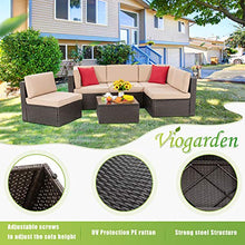 Load image into Gallery viewer, Vongrasig 6 Piece Small Patio Furniture Sets, Outdoor Sectional Sofa All Weather PE Wicker Patio Sofa Couch Garden Backyard Conversation Set with Glass Table,Beige Cushions and Red Pillows (Beige)
