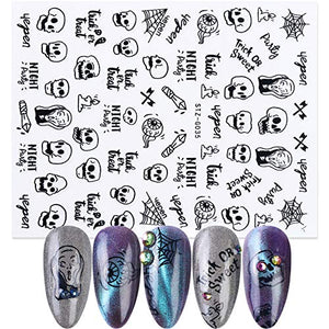 3D Halloween Nail Art Stickers Black Self Adhesive Nails Art Accessories Decals Spider Web Ghost Pumpkin Skull Cat Witch Cool Spooky Slider Wraps for Halloween Holiday Supplies Nail Art Decorations