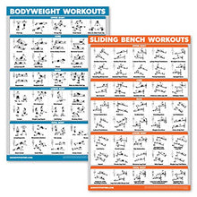 Load image into Gallery viewer, QuickFit 2 Pack - Sliding Bench Workouts &amp; Bodyweight Exercise Poster Set - Compatible with Total Gym &amp; Weider Ultimate Body Works (Laminated, 18" x 27")
