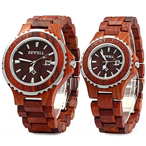 Bewell ZS-100B Wooden Watch Quartz Movement Couple Watches Date Display His and Hers Wristwatches Set