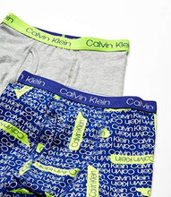 Load image into Gallery viewer, Calvin Klein Little Boy's Kids Modern Cotton Assorted Boxer Briefs Underwear, Multipack, 2 Pack - Blue Statement Print, Heather Grey, Large (12/14)
